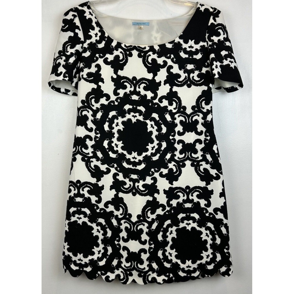 Anthropologie Leifnotes Dress 8P Black White Floral Sheath Scalloped Hem Read